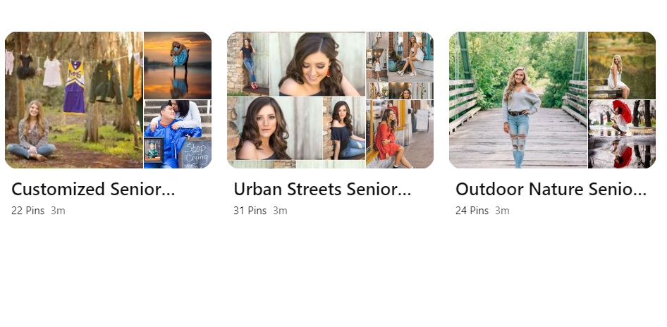 Pinterest Mood board showing a variety of senior photoshoot options. 